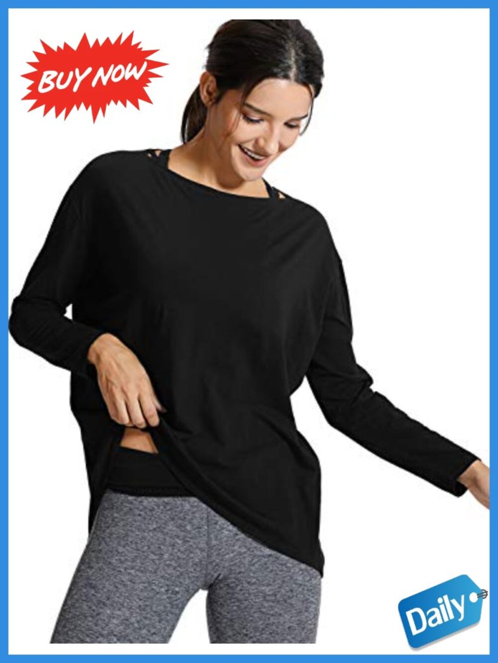 Pima Cotton Boat Neck Long Sleeve Loose Fit Tunic T-Shirt